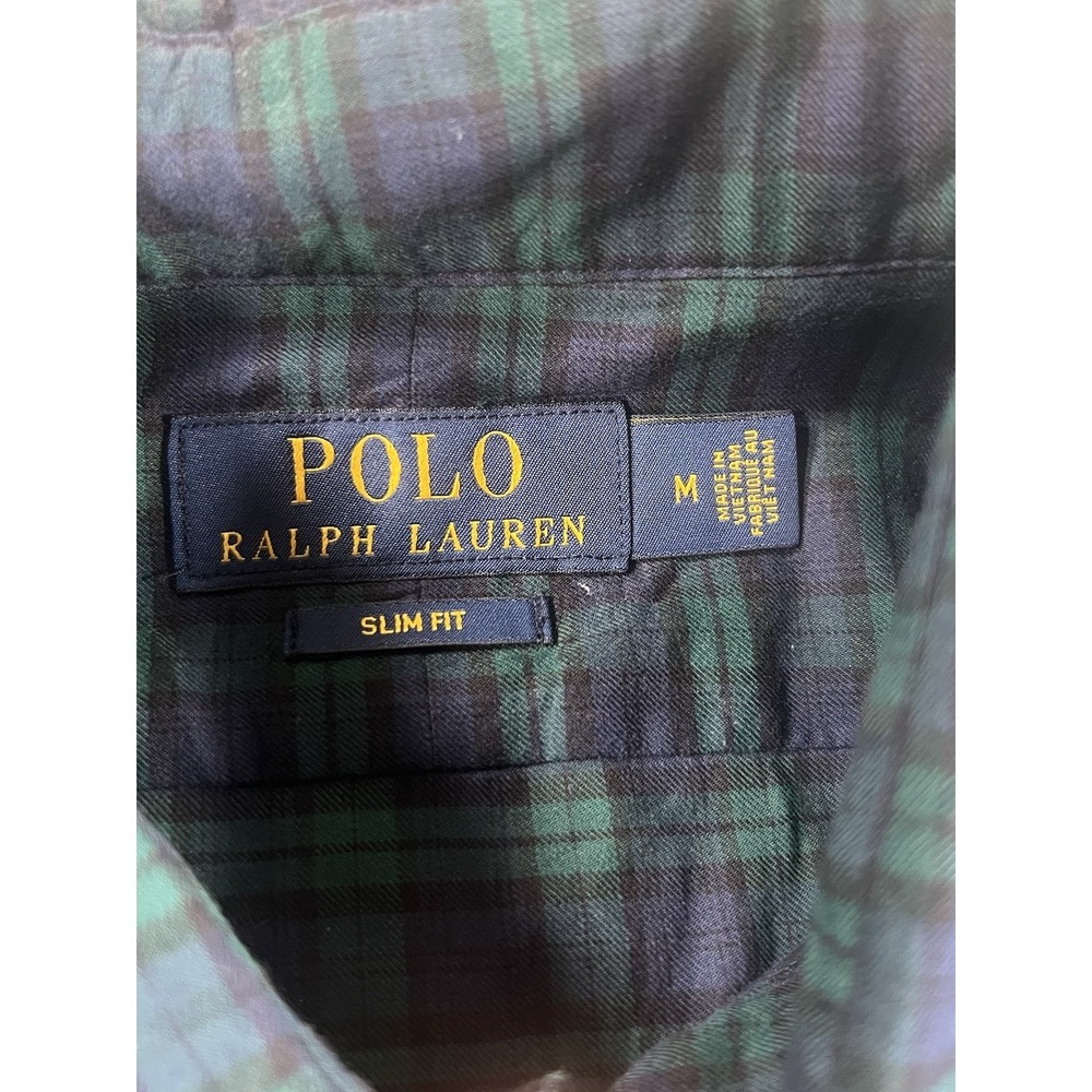 Polo Ralph Lauren Slim Fit Men's Medium Long Sleeve Button Up Green & Navy Plaid - Picture 4 of 8
